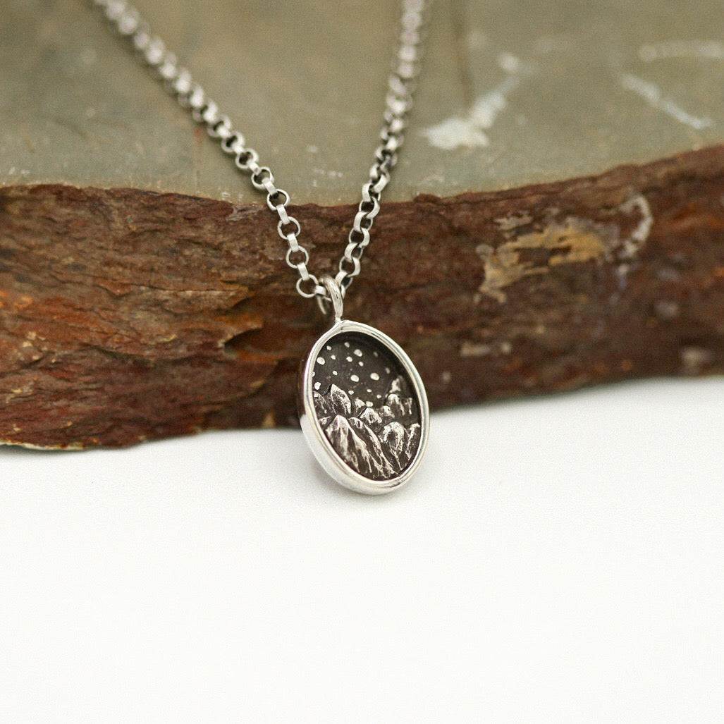 New Moon Mountain and Stars Necklace in Sterling Silver and Bronze