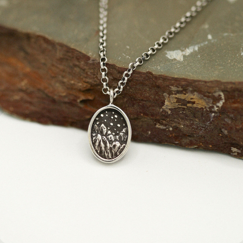 New Moon Mountain and Stars Necklace in Sterling Silver and Bronze