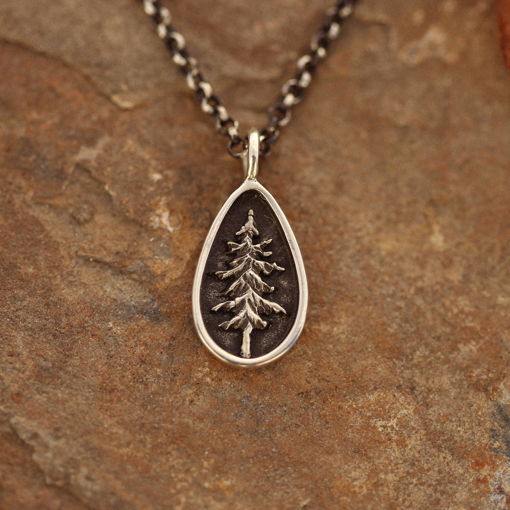 Teardrop Lone Pine Tree Necklace in Sterling Silver or Bronze