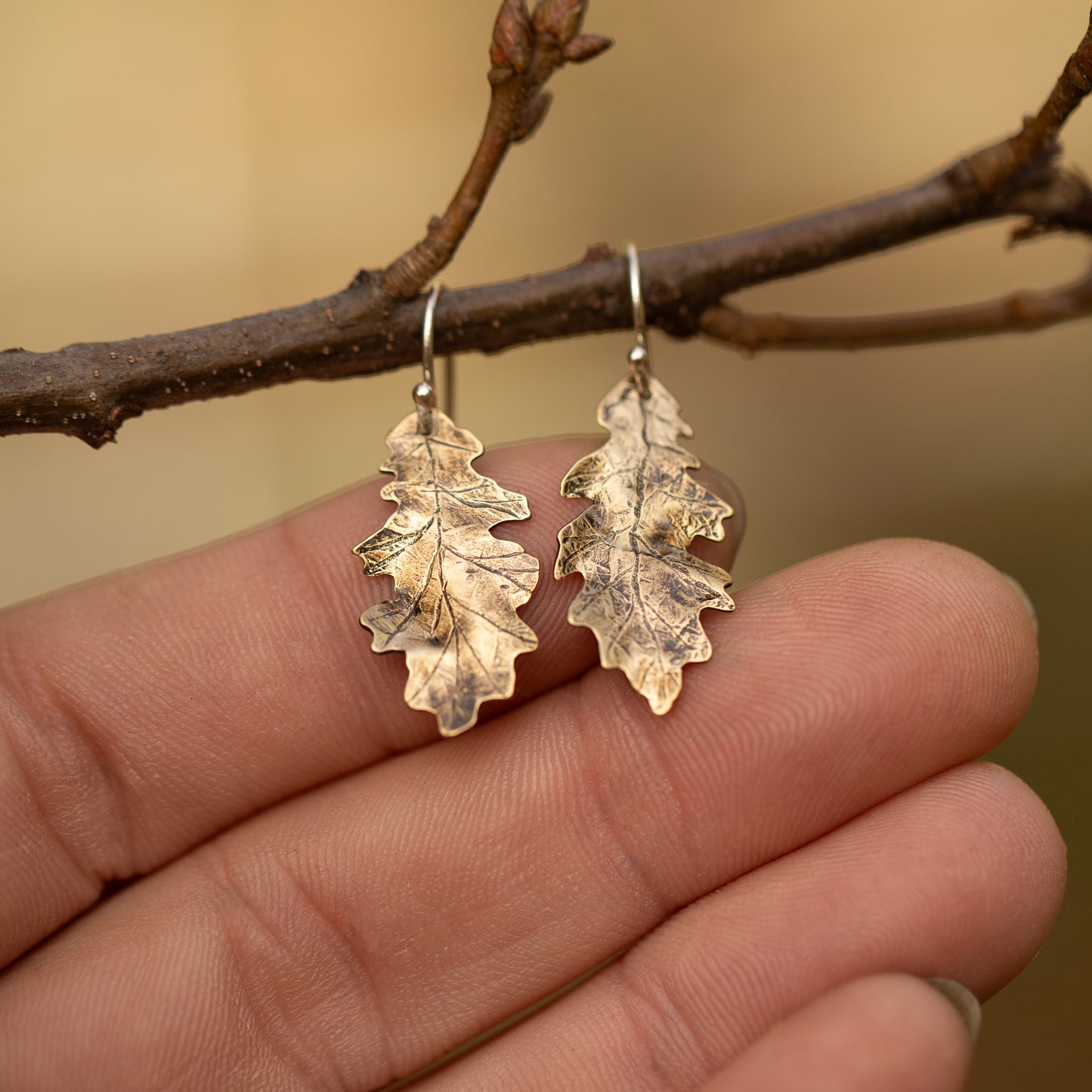 Brass gold colored oak leaf earrings held between fingers with a blurred natural background