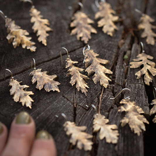 Pair of brass oak leaf-shaped earrings on a wooden surface with a hand near them surrounded by more pairs of oak leaf earrings