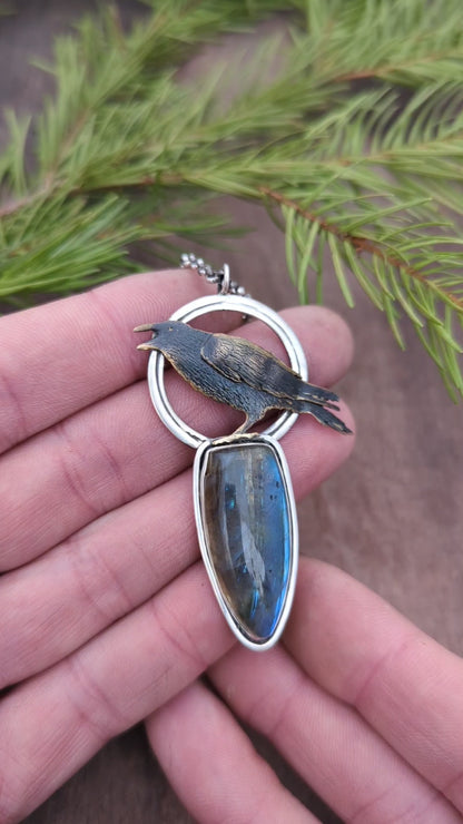 The Messenger- Sterling Silver and Brass Raven Necklace with Labradorite
