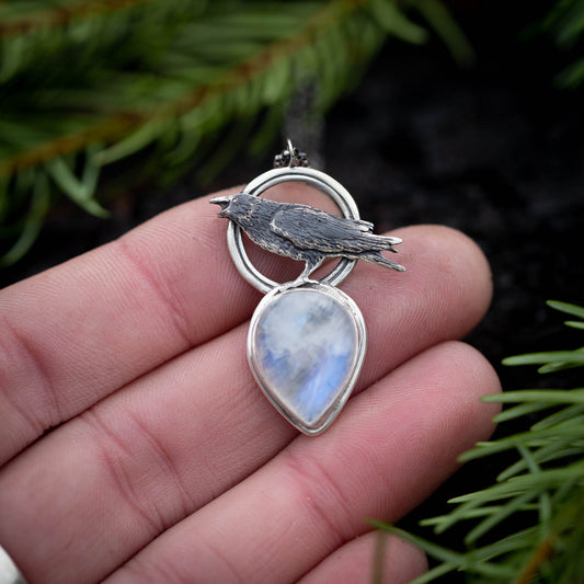 The Messenger- Sterling Silver Raven Necklace with Moonstone