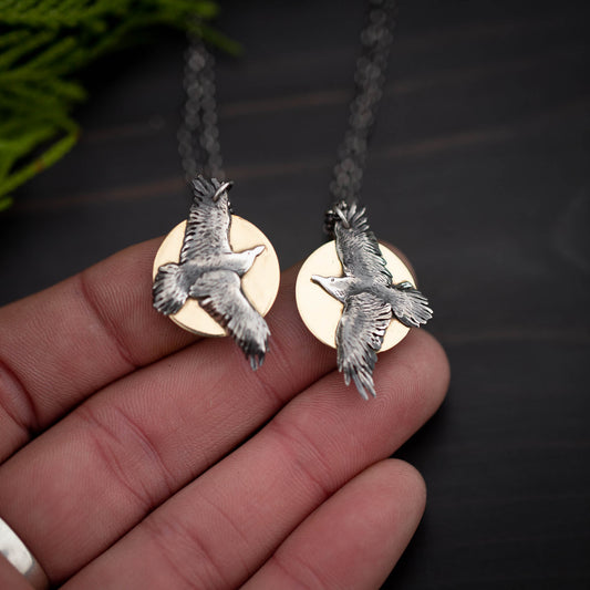 Metamorphosis- Sterling Silver Raven Necklaces with 24k Gold Accents