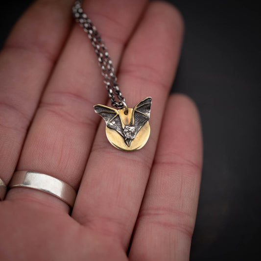 Rebirth- Small Sterling Silver Bat Necklace with 24k Gold Accents