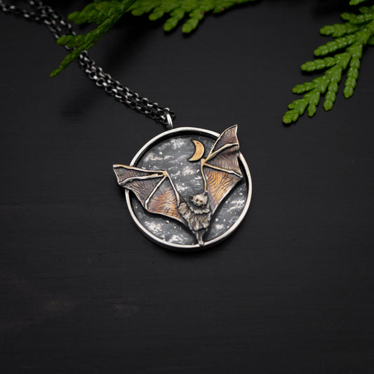 Cloud Conjurer- Sterling Silver Bat Necklace with Crescent Moon and 24k Gold