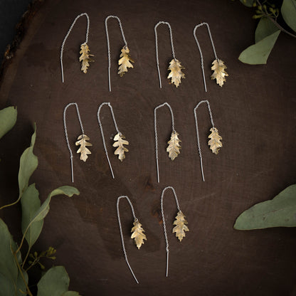 Oak Leaf Ear Threaders- Medium Brass and Sterling Silver