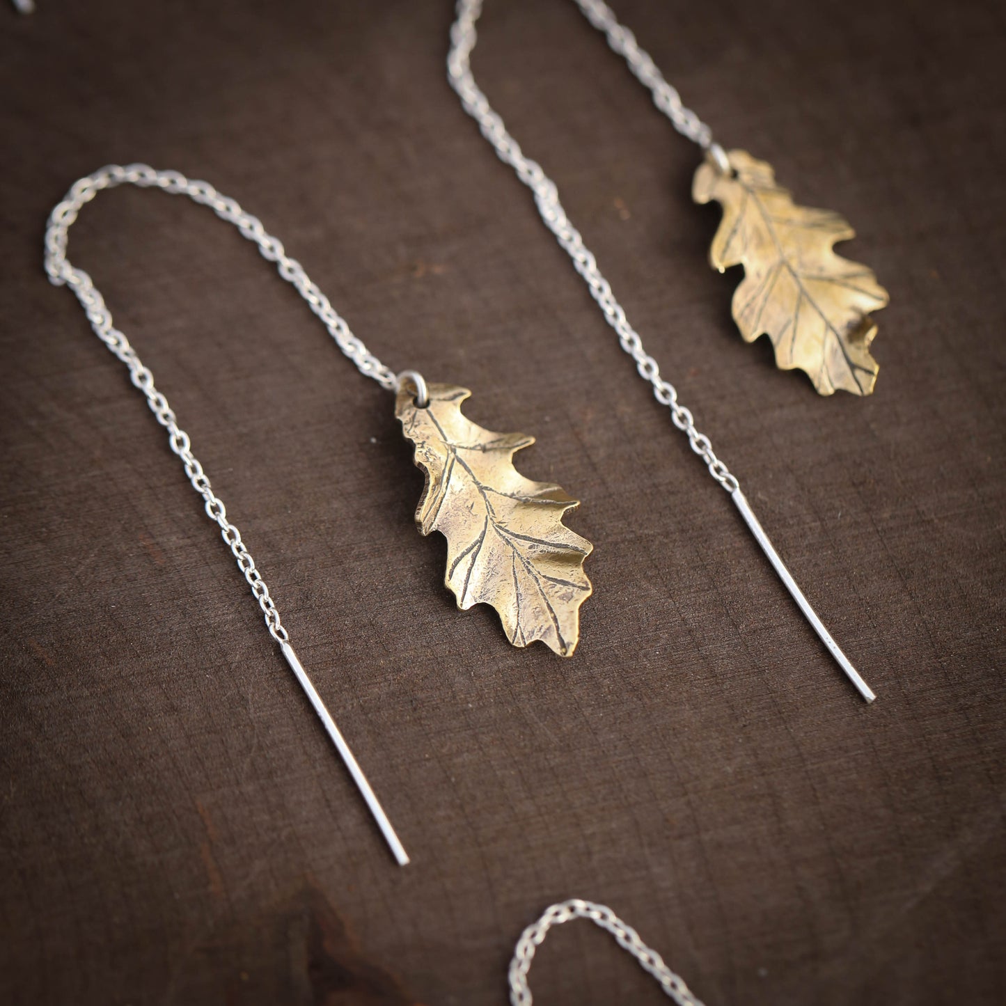 Oak Leaf Ear Threaders- Medium Brass and Sterling Silver