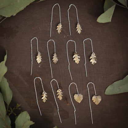 Oak and Aspen Leaf Ear Threaders Earrings in Brass and Sterling Silver