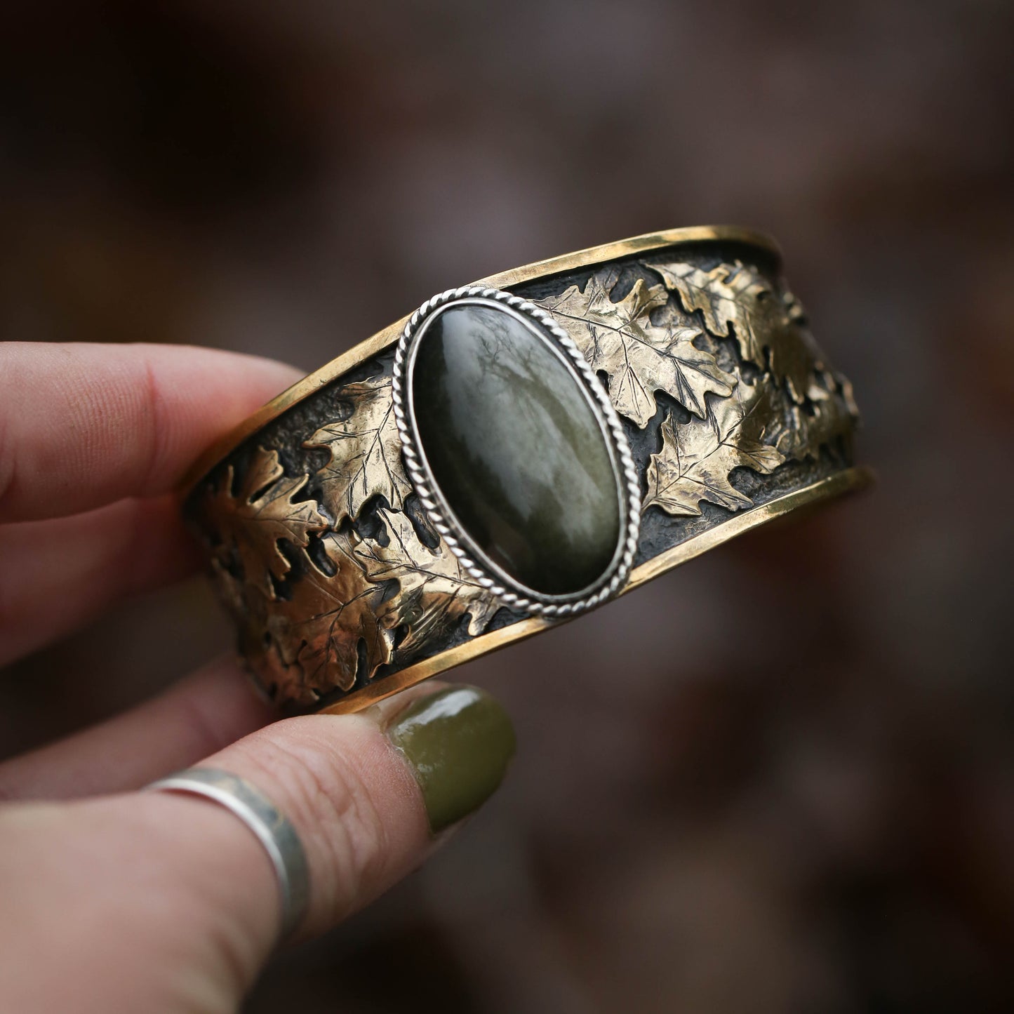 Wild Woods- Golden Sheen Obsidian Bracelet with Brass Oak Leaves