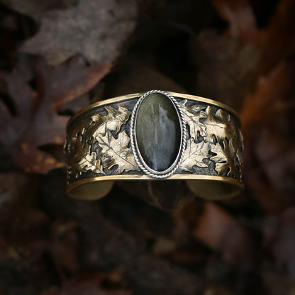 Wild Woods- Golden Sheen Obsidian Bracelet with Brass Oak Leaves