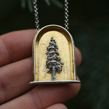 Sacred Pine Sterling Silver, 24k Gold and Brass Shrine Pendant