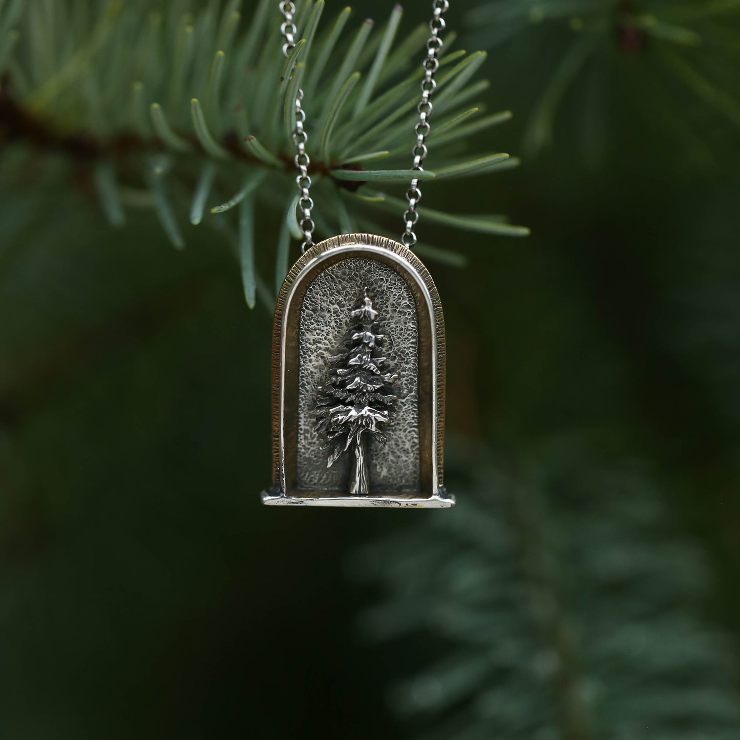 Evergreen Shrine- Sterling Silver, 24k Gold and Brass Necklace