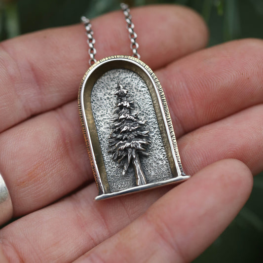 Evergreen Shrine- Sterling Silver, 24k Gold and Brass Necklace