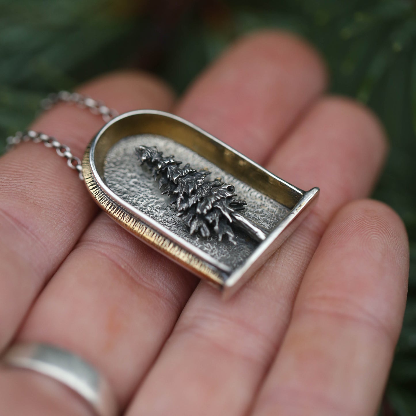 Evergreen Shrine- Sterling Silver, 24k Gold and Brass Necklace