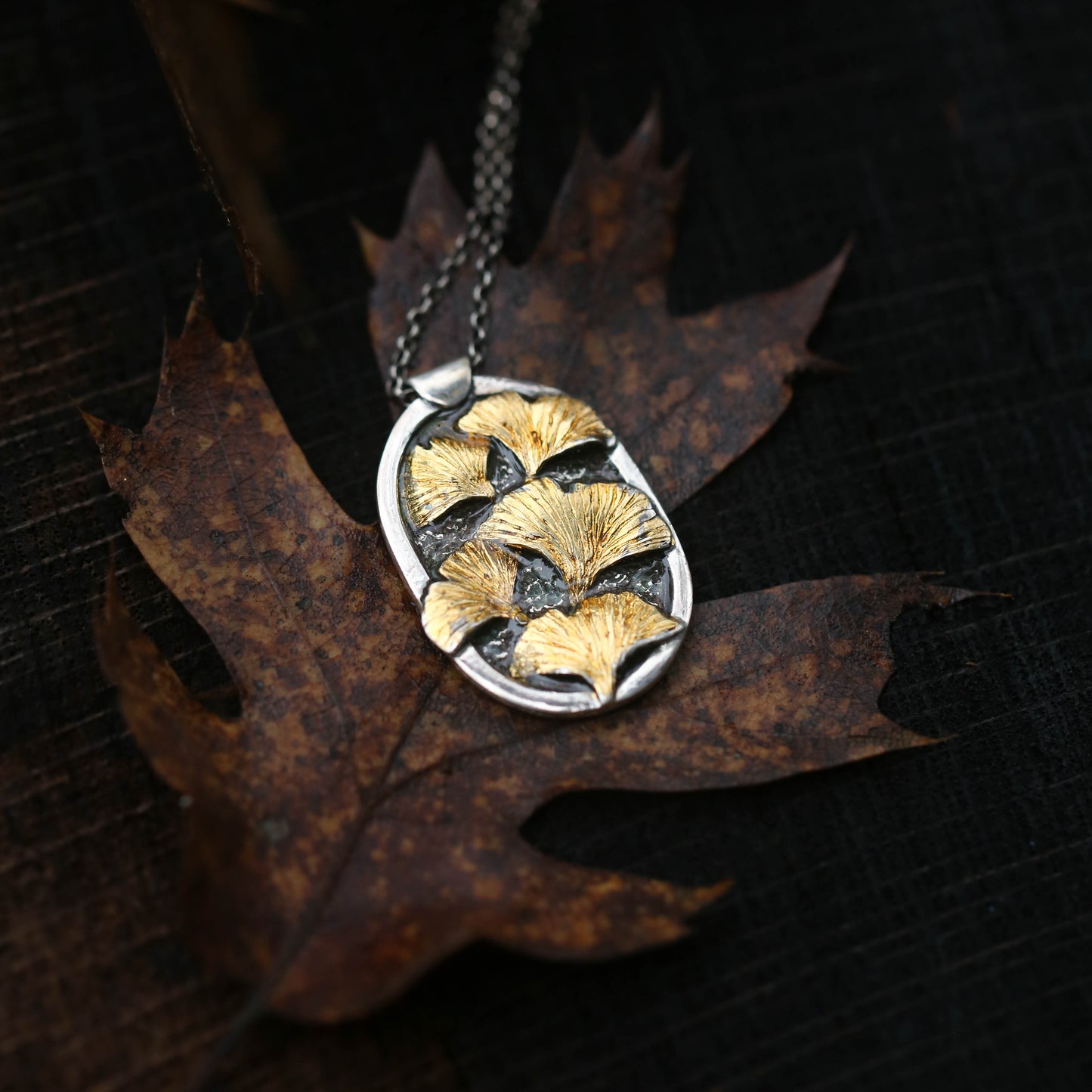 Autumn Creek X- Sterling Silver, Gold and Resin Ginkgo Leaf Necklace