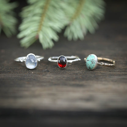 Woodland Twig Rings with Moonstone, Garnet, and Turquoise