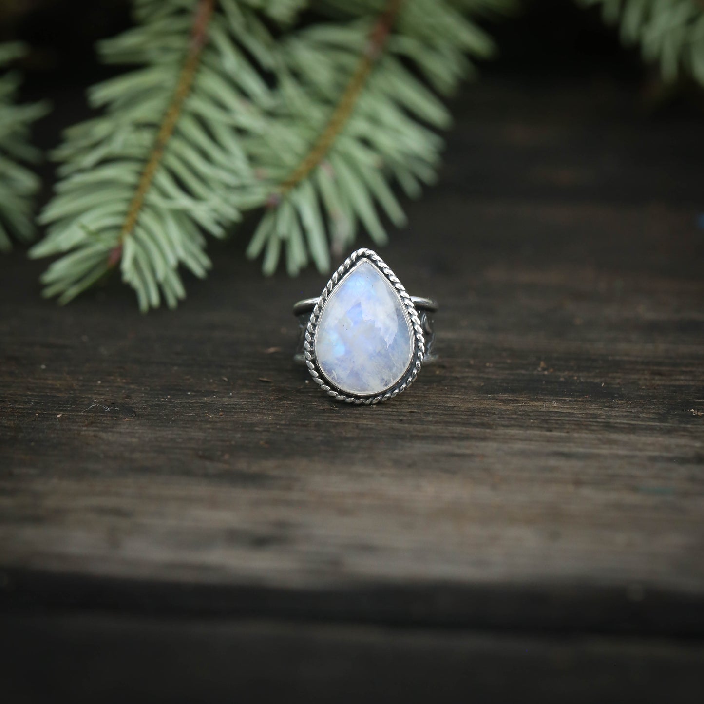 Size 7 Moonstone Ring with Mountain Landscape Band