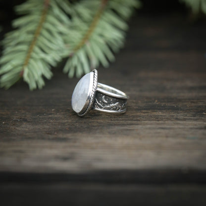 Size 7 Moonstone Ring with Mountain Landscape Band