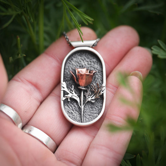 California Poppy Study- Silver and Copper Poppy Necklace