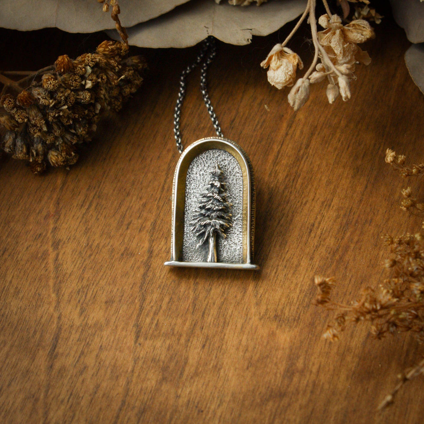 Evergreen Shrine- Sterling Silver, 24k Gold and Brass Necklace