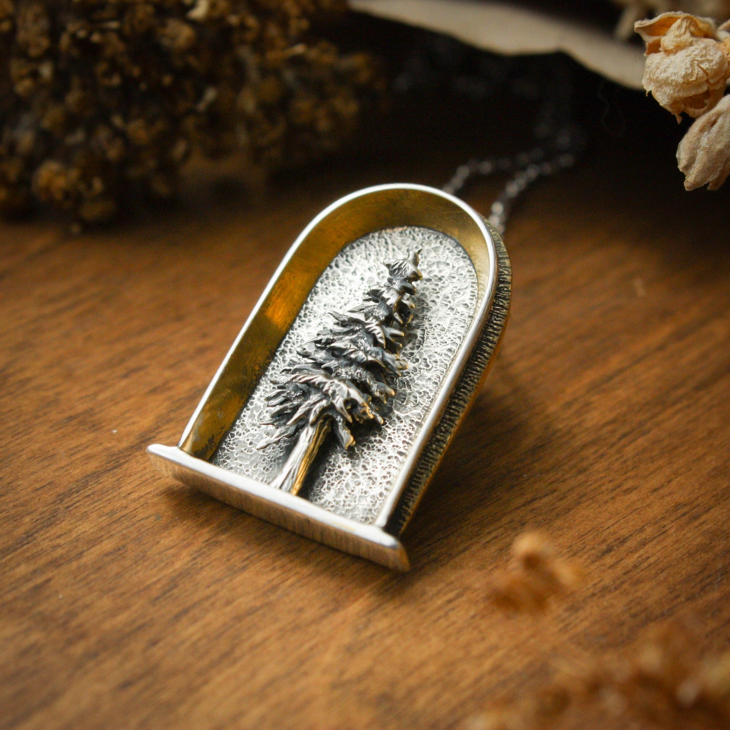 Evergreen Shrine- Sterling Silver, 24k Gold and Brass Necklace