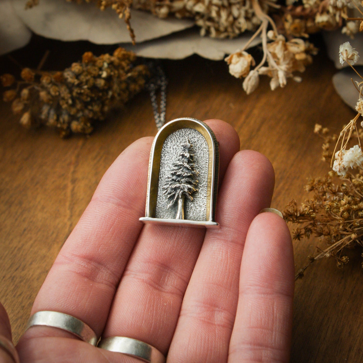 Evergreen Shrine- Sterling Silver, 24k Gold and Brass Necklace