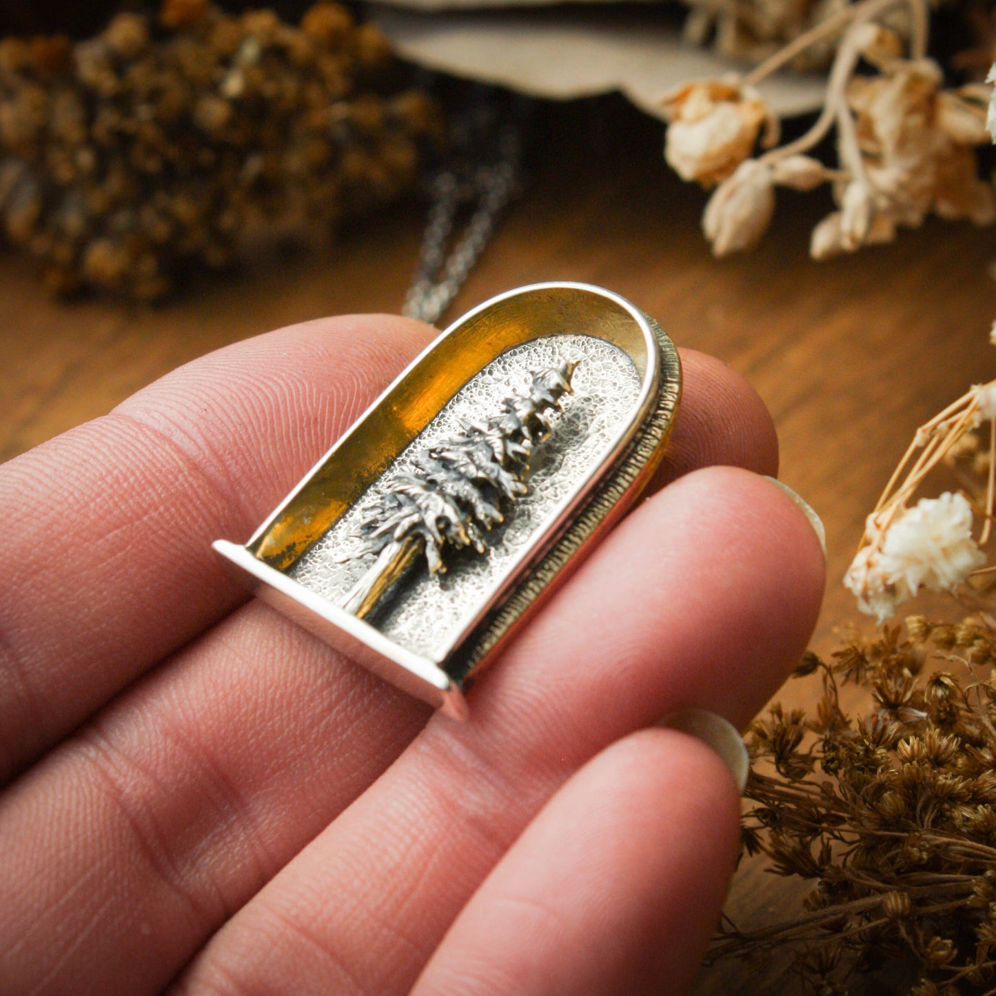 Evergreen Shrine- Sterling Silver, 24k Gold and Brass Necklace